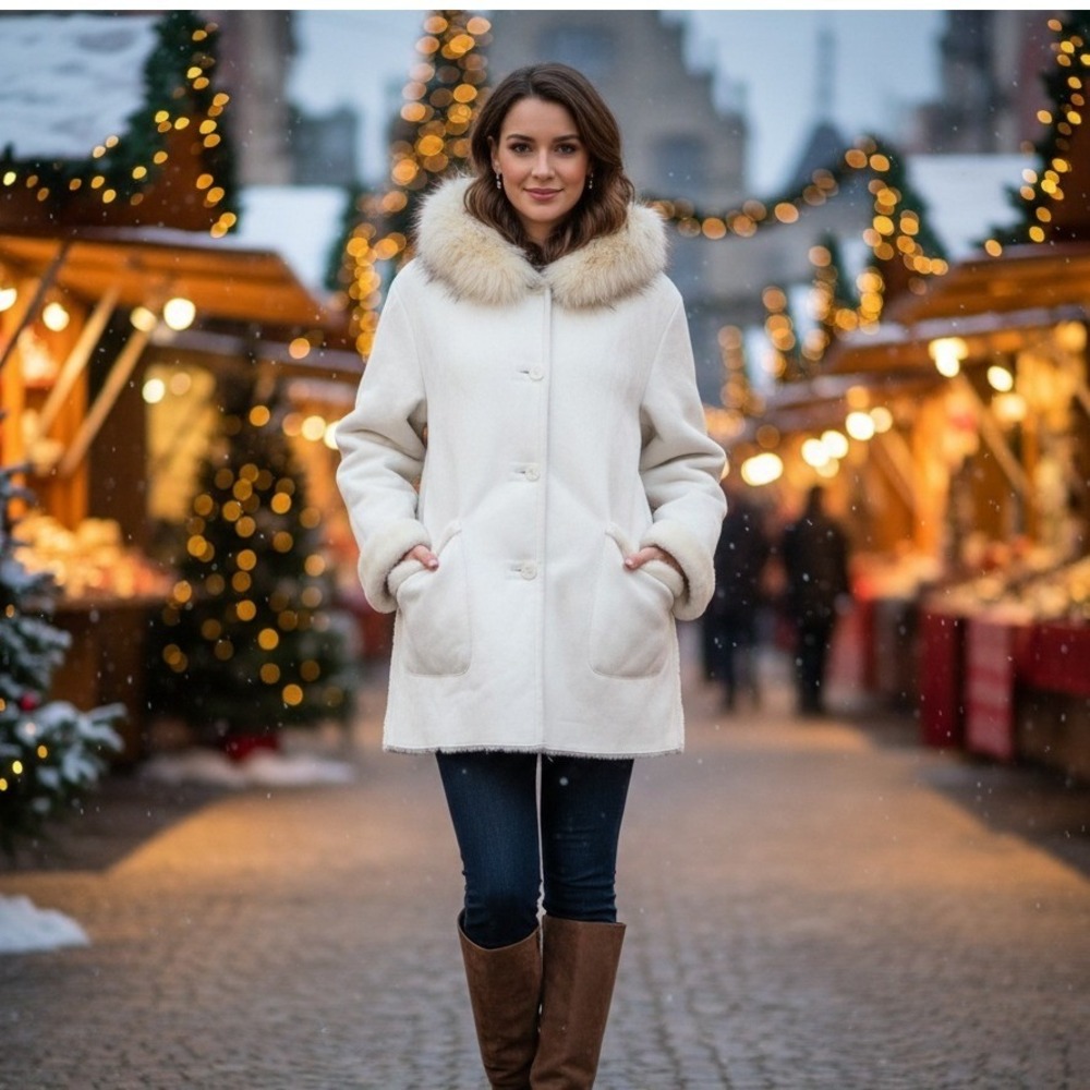 Madison Coat Women's Large Faux Fur Trim Ivory Button Front Jacket Winter Cozy